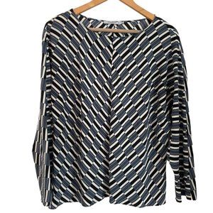 M.M. Lafluer Womens Blue White Black Geo Print Silk Top L/S Dolman Sleeves Sz M